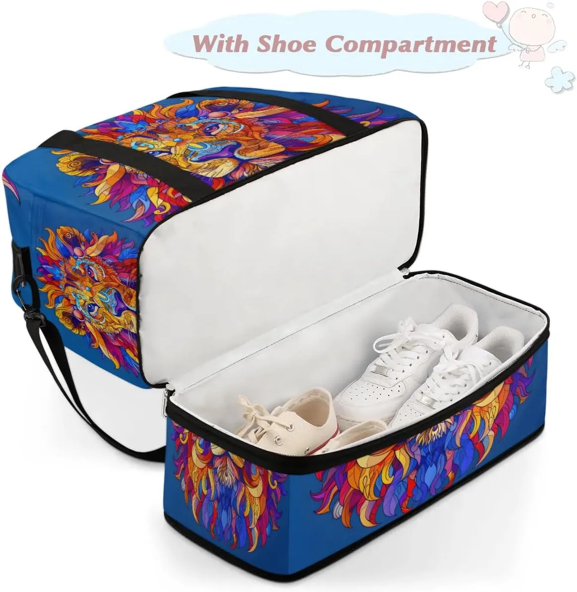 Sports Duffel Bag, Foldable Cool Lion Travel Duffel Bag, Gym Yoga Beach Bag Weekender Overnight Bag with Shoes Compartment for Men Women, African Animals