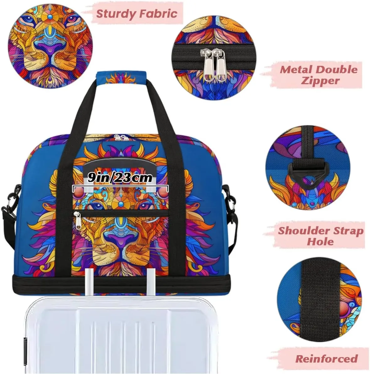Sports Duffel Bag, Foldable Cool Lion Travel Duffel Bag, Gym Yoga Beach Bag Weekender Overnight Bag with Shoes Compartment for Men Women, African Animals