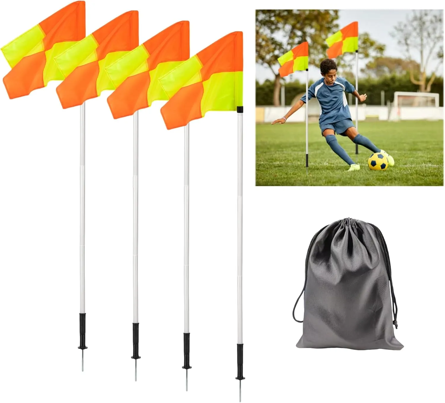 Spring Loaded 5FT Corner Flags for Soccer Field Set with Storage Bag, Universal Adjustable Speed and Agility Training Equipment, Soccer Agility Poles-White