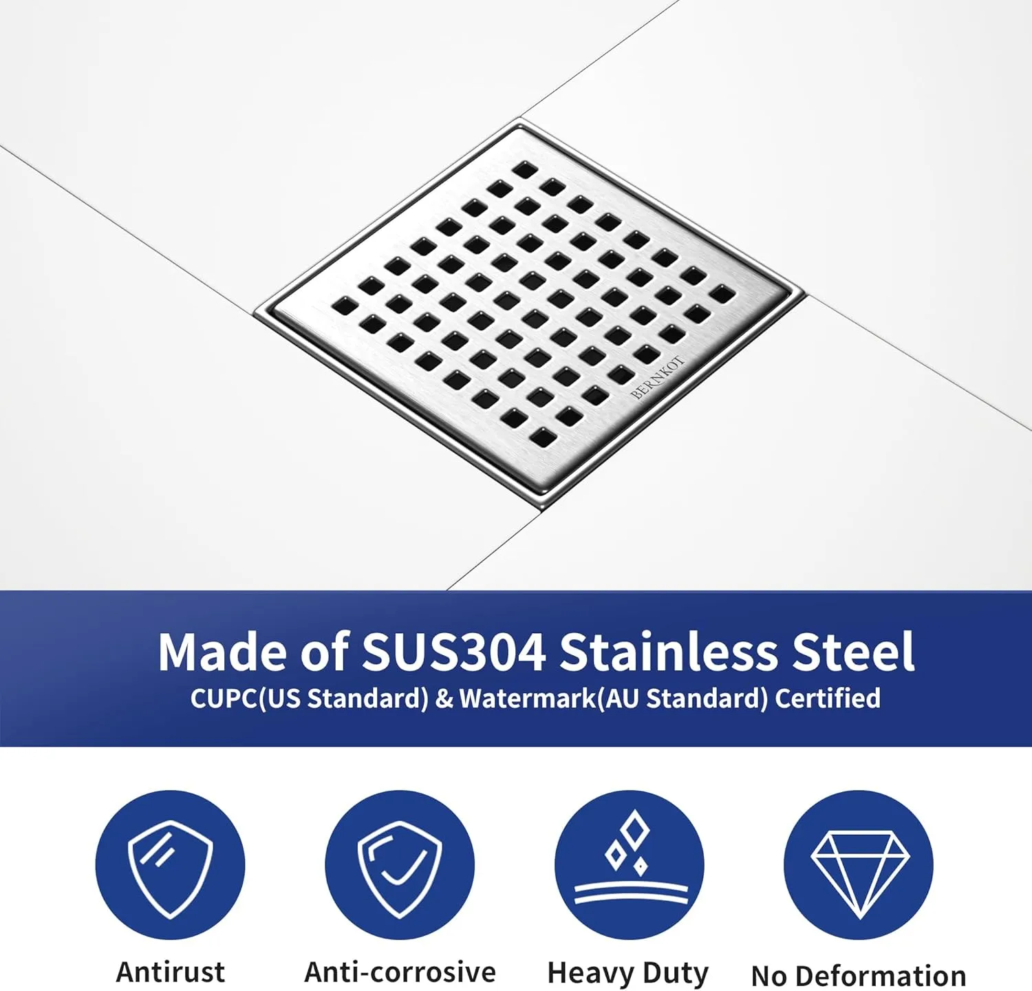 Square Shower Drain 4", 304 Stainless Steel Floor Drain with Grid Drain Cover & Hair Strainer, Retrofit Shower Drain w/CUPC Certified, Brushed