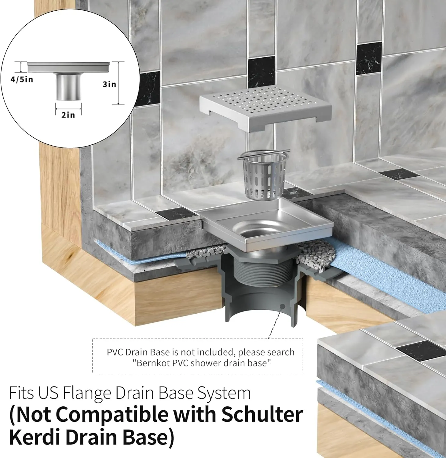 Square Shower Drain 4", 304 Stainless Steel Floor Drain with Grid Drain Cover & Hair Strainer, Retrofit Shower Drain w/CUPC Certified, Brushed