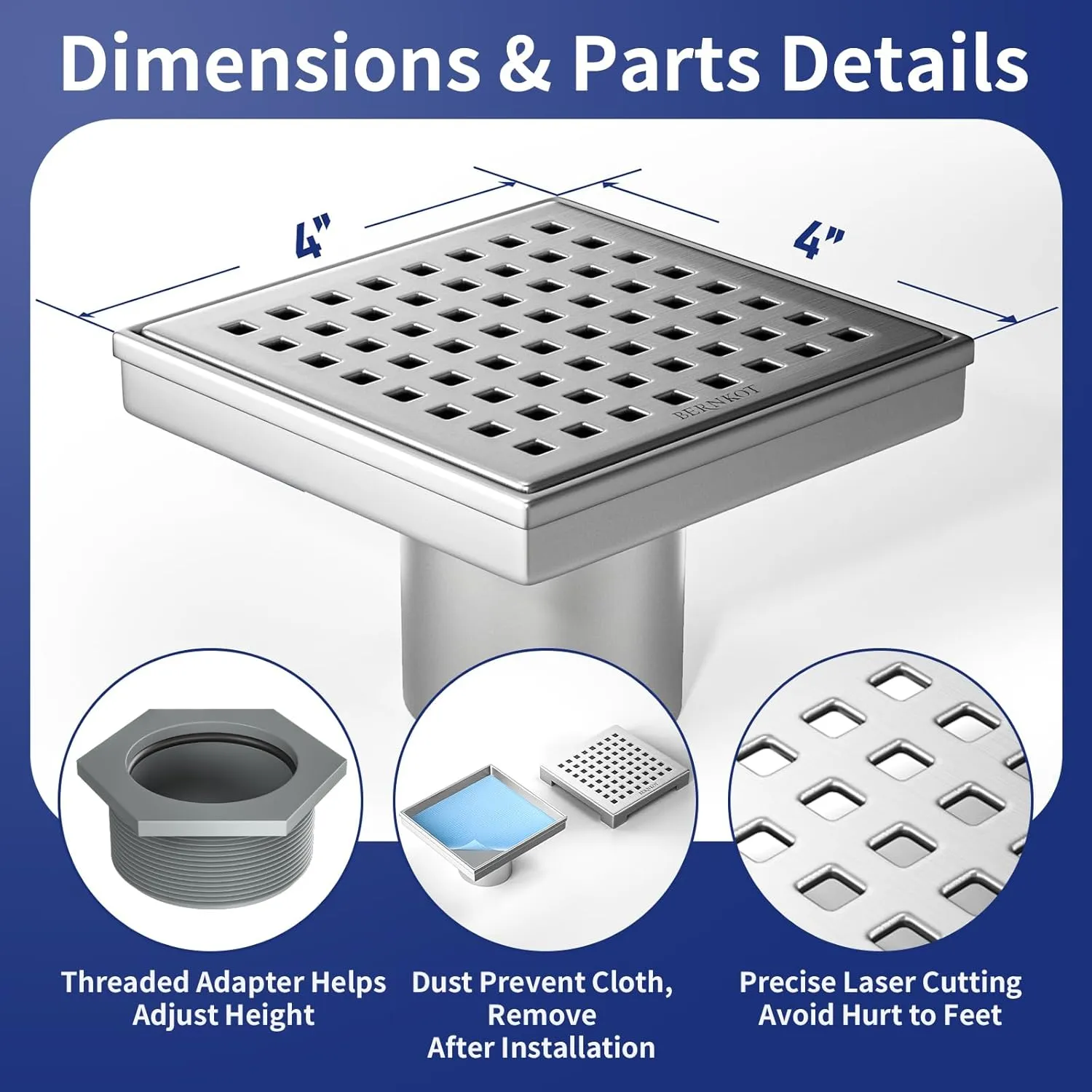 Square Shower Drain 4", 304 Stainless Steel Floor Drain with Grid Drain Cover & Hair Strainer, Retrofit Shower Drain w/CUPC Certified, Brushed