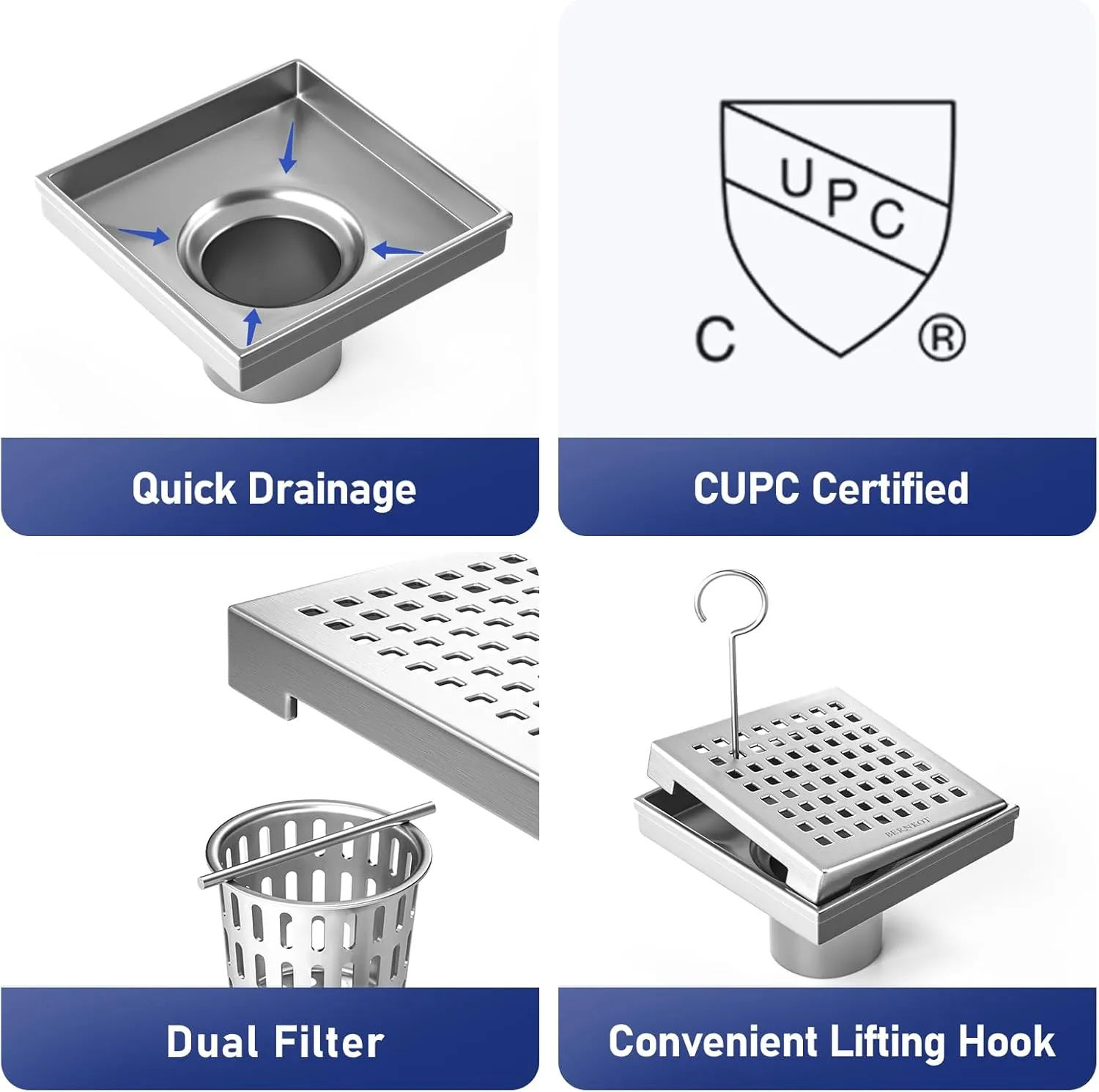 Square Shower Drain 4", 304 Stainless Steel Floor Drain with Grid Drain Cover & Hair Strainer, Retrofit Shower Drain w/CUPC Certified, Brushed
