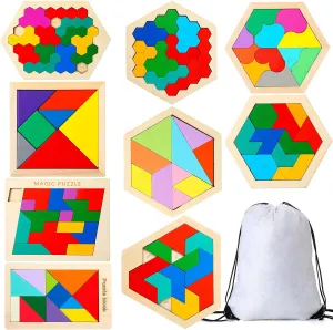 Sratte 9 Pcs Wooden Hexagon Puzzle for Kid Shape Pattern Block Brain Teaser Puzzles Geometric Tangram Wood Block Puzzle Logic Brain Games with Storage Bag Intelligence Brain Teasers Toy for Adults