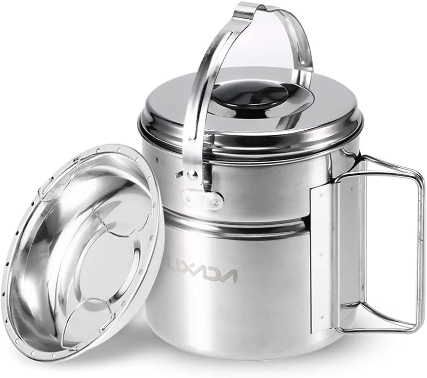 Stainless Steel Bail Handle Camping Pot with Internal Steaming Dish Foldable Handle