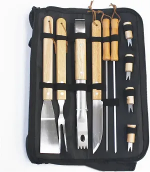 Stainless Steel Barbecue Tool Set, Outdoor Barbecue Clip Brush Fork Shovel, Ox Cloth Storage, Multi-Function Barbecue Combination, Portable Cleaning Barbecue Tool (White-Fruit Peach5)