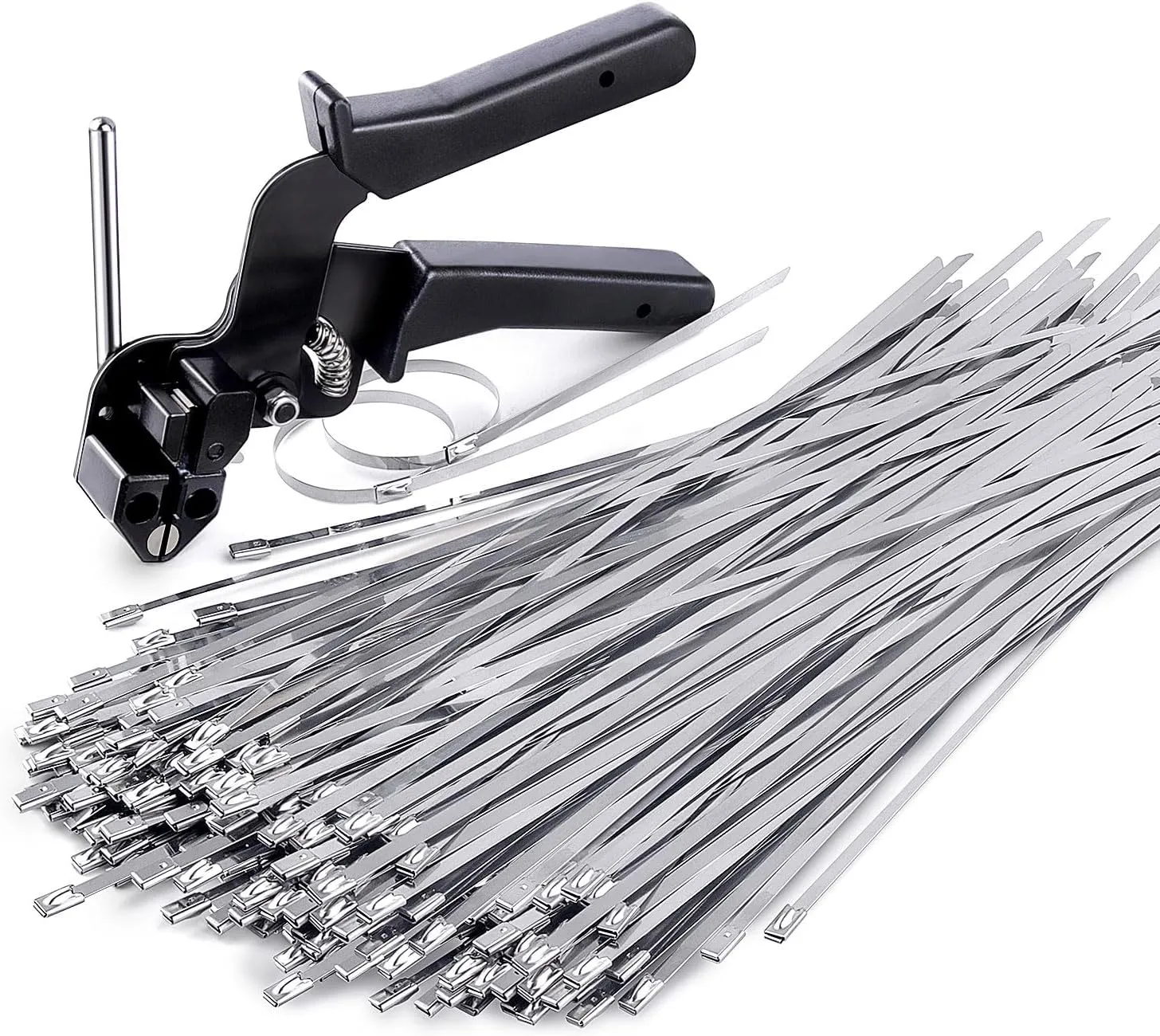 Stainless Steel Cable Tie Gun, Special Tool For Fastening And Cutting Metal Zip Ties, With 150pcs 11.8in Uv Resistant Heavy Duty Cable Ties For Fence Exhaust Pipe Outdoor.