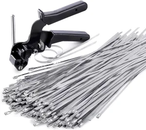 Stainless Steel Cable Tie Gun, Special Tool For Fastening And Cutting Metal Zip Ties, With 150pcs 11.8in Uv Resistant Heavy Duty Cable Ties For Fence Exhaust Pipe Outdoor.