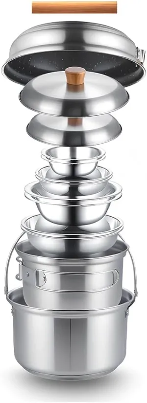 Stainless Steel Camping Cookware Set, 11 Pcs, Pots, Pans, Lids, Portable