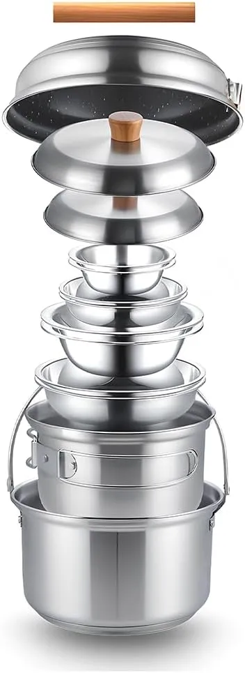 Stainless Steel Camping Cookware Set, 11 Pcs, Pots, Pans, Lids, Portable