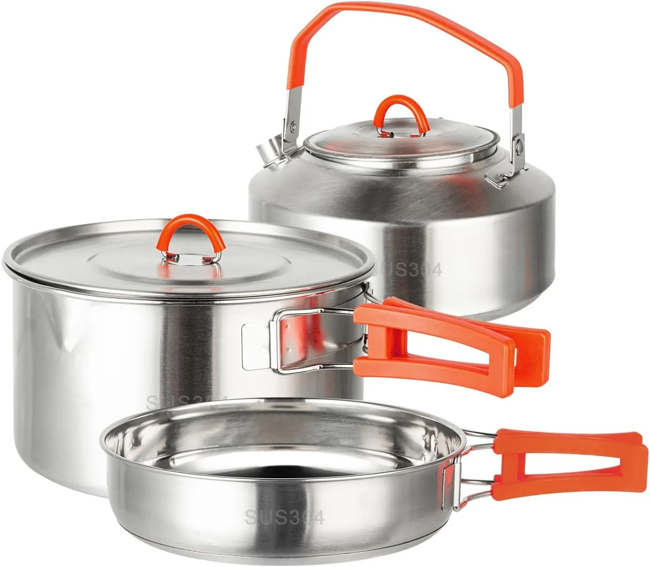 Stainless Steel Camping Cookware Set - Kettle, Frying Pan and Cooking Pot 3 Piece Set With Anti-scald Folding Handles and Mesh Bag
