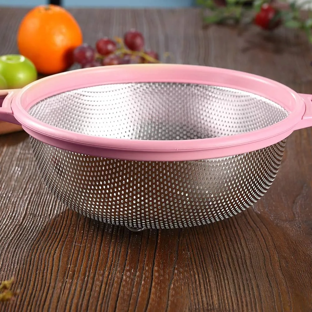 Stainless Steel Colander With Handle and Legs, Large Metal Pink Strainer for Pasta, Spaghetti, Berry, Veggies, Fruits, Noodles, Salads, 5-quart 10.5” Kitchen Mesh Colander, Dishwasher Safe