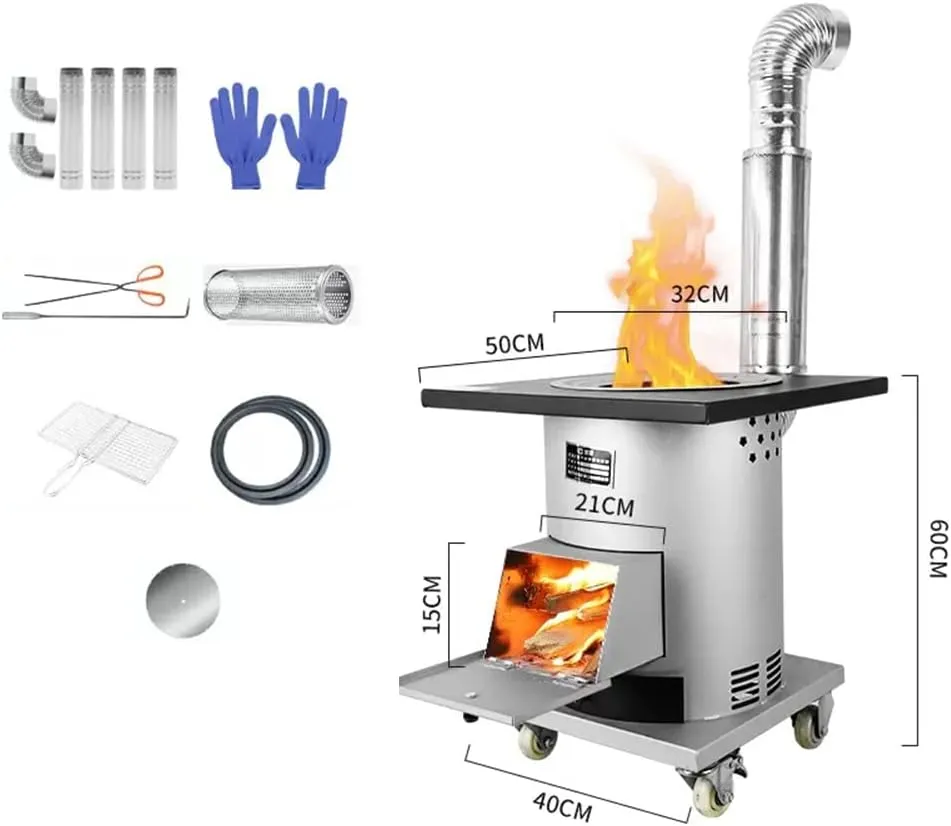 Stainless Steel Firewood Stove for Heating, Movable Universal Wheel, Multi-Purpose Camping Stove for Tents, Shelters, Heating and Cooking,50cm