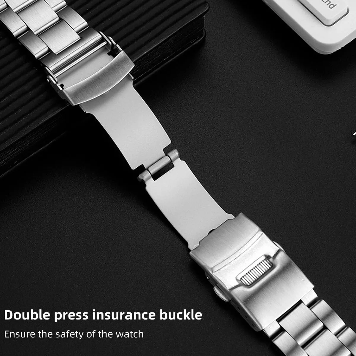 Stainless Steel Watch Band Curved Ends Tapered 18mm 19mm 20mm 21mm 22mm 24mmFlexible Metal Watch Strap Smartwatch Bracelet Deployment Double FlipLock Buckle Silver Black