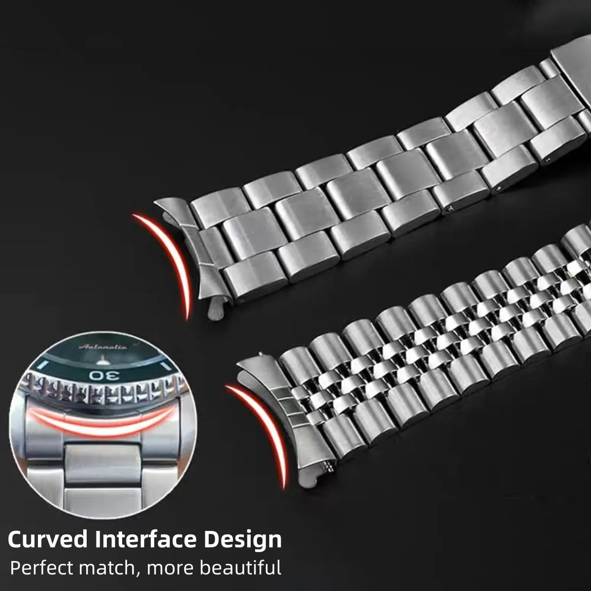 Stainless Steel Watch Band Curved Ends Tapered 18mm 19mm 20mm 21mm 22mm 24mmFlexible Metal Watch Strap Smartwatch Bracelet Deployment Double FlipLock Buckle Silver Black