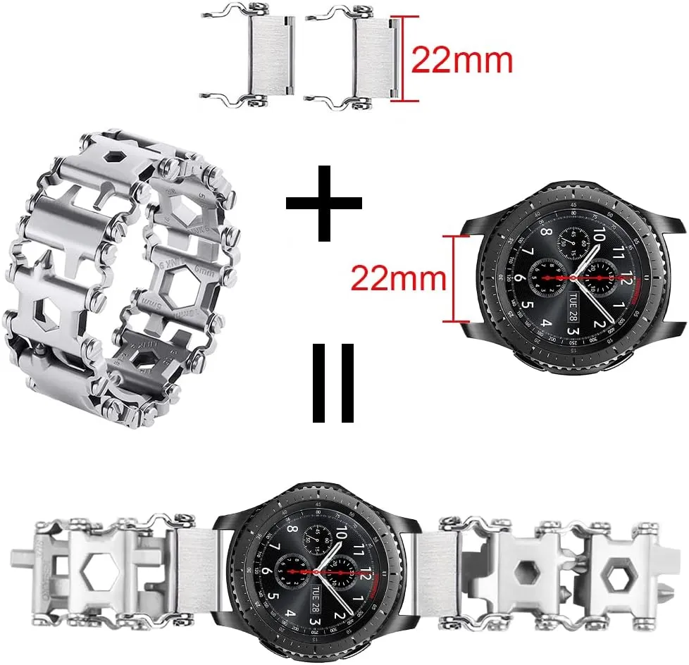 Stainless Tool Bracelet for Men Compatible for LEATHERMAN TREAD and Watch Band 29 in 1 Survival Hiking Camping Travel Friendly Multitools Wearable Bracelet 22mm connector（Silver）