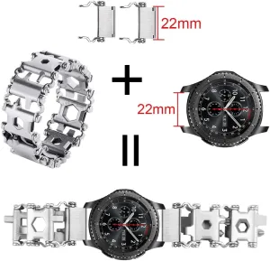 Stainless Tool Bracelet for Men Compatible for LEATHERMAN TREAD and Watch Band 29 in 1 Survival Hiking Camping Travel Friendly Multitools Wearable Bracelet 22mm connector（Silver）