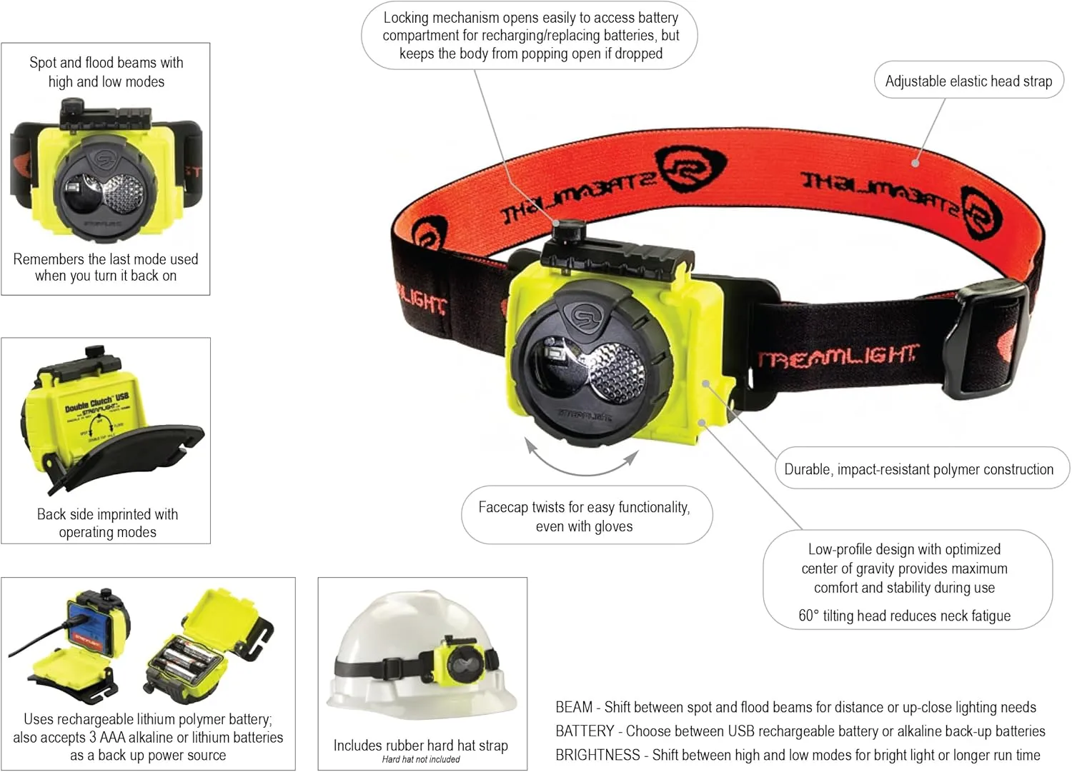 Streamlight 61607 Double Clutch with Alkaline Batteries Headlamp Yellow
