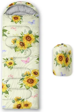 Sunflower Sleeping Bags for Adults Kids,Yellow Backpacking Camping Sleeping Bag for Girls Boys Lightweight Waterproof Cold/Warm Weather Sleeping Bag for All Season Outdoor Travel with Compression Bags