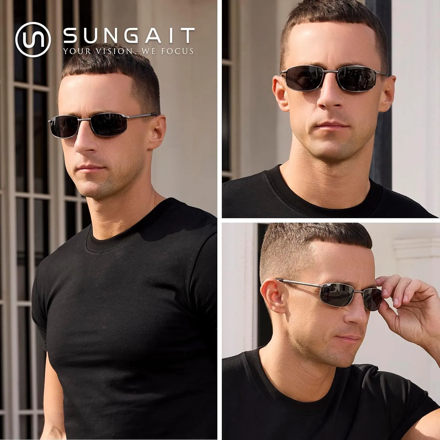 SUNGAIT Folding Rectangular Sunglasses for Men: Metal Lightweight Portable Foldable Pocket Polarized Sun Glasses UV400