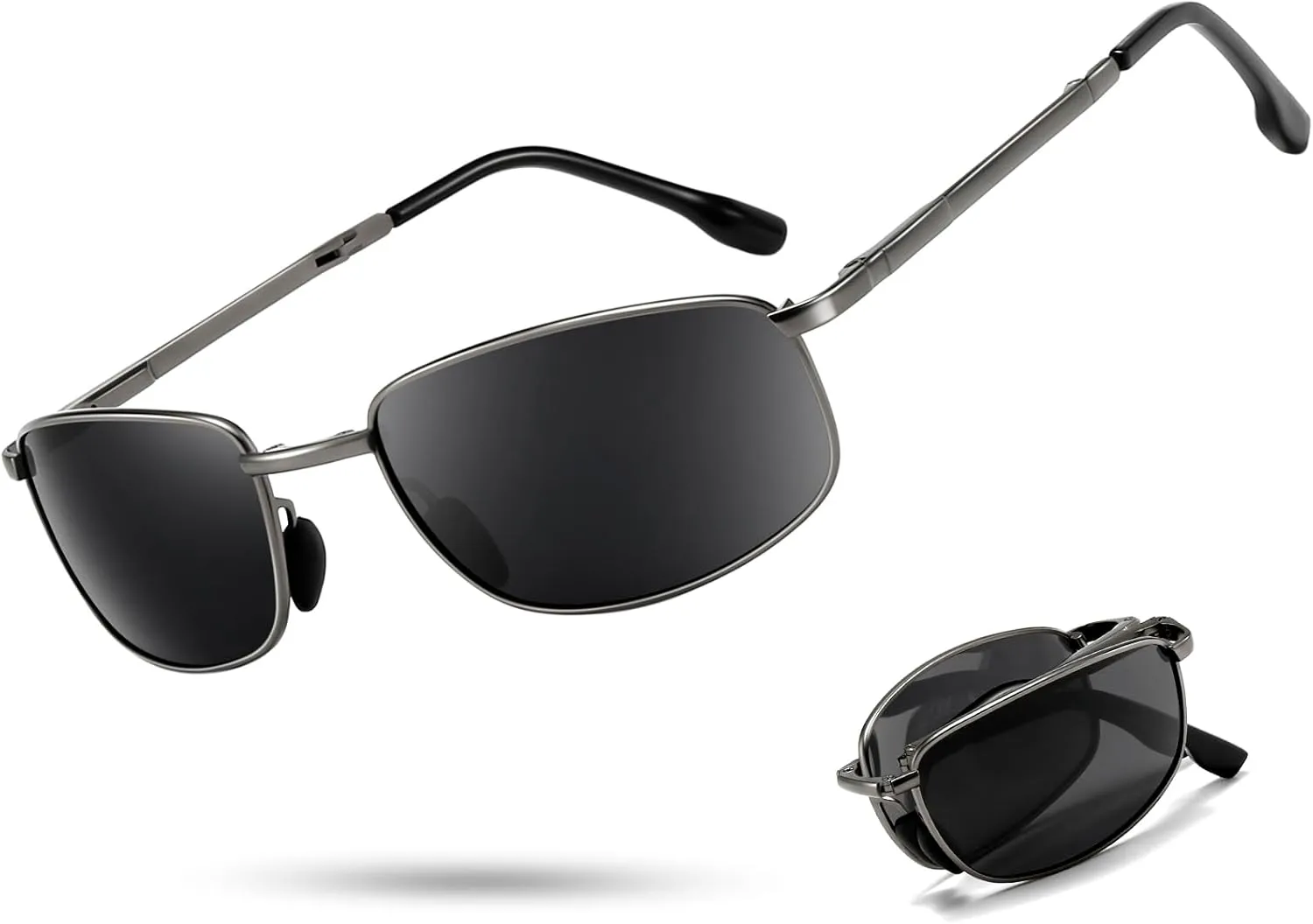 SUNGAIT Folding Rectangular Sunglasses for Men: Metal Lightweight Portable Foldable Pocket Polarized Sun Glasses UV400