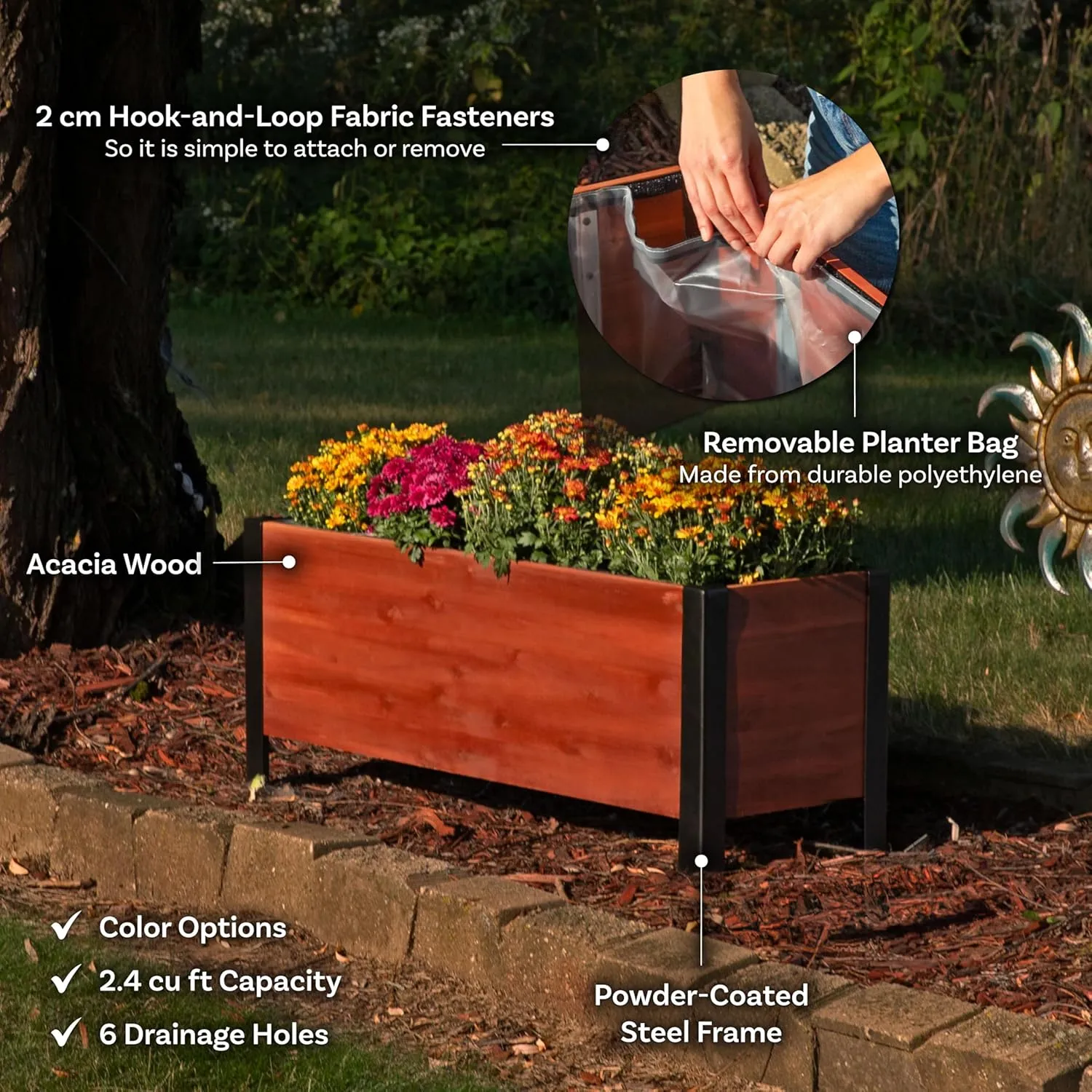 Sunnydaze Acacia Wood Rectangular Planter Box - 14.75" H Wooden Raised Garden Bed with Removable Polyethylene Planter Bag - Brown