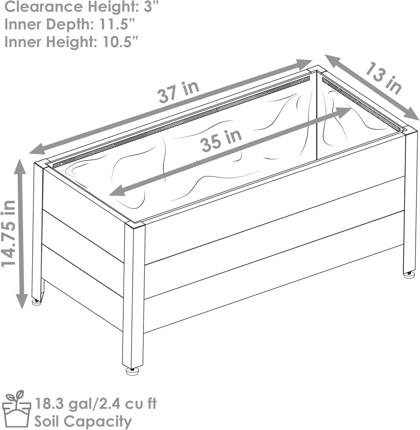 Sunnydaze Acacia Wood Rectangular Planter Box - 14.75" H Wooden Raised Garden Bed with Removable Polyethylene Planter Bag - Gray