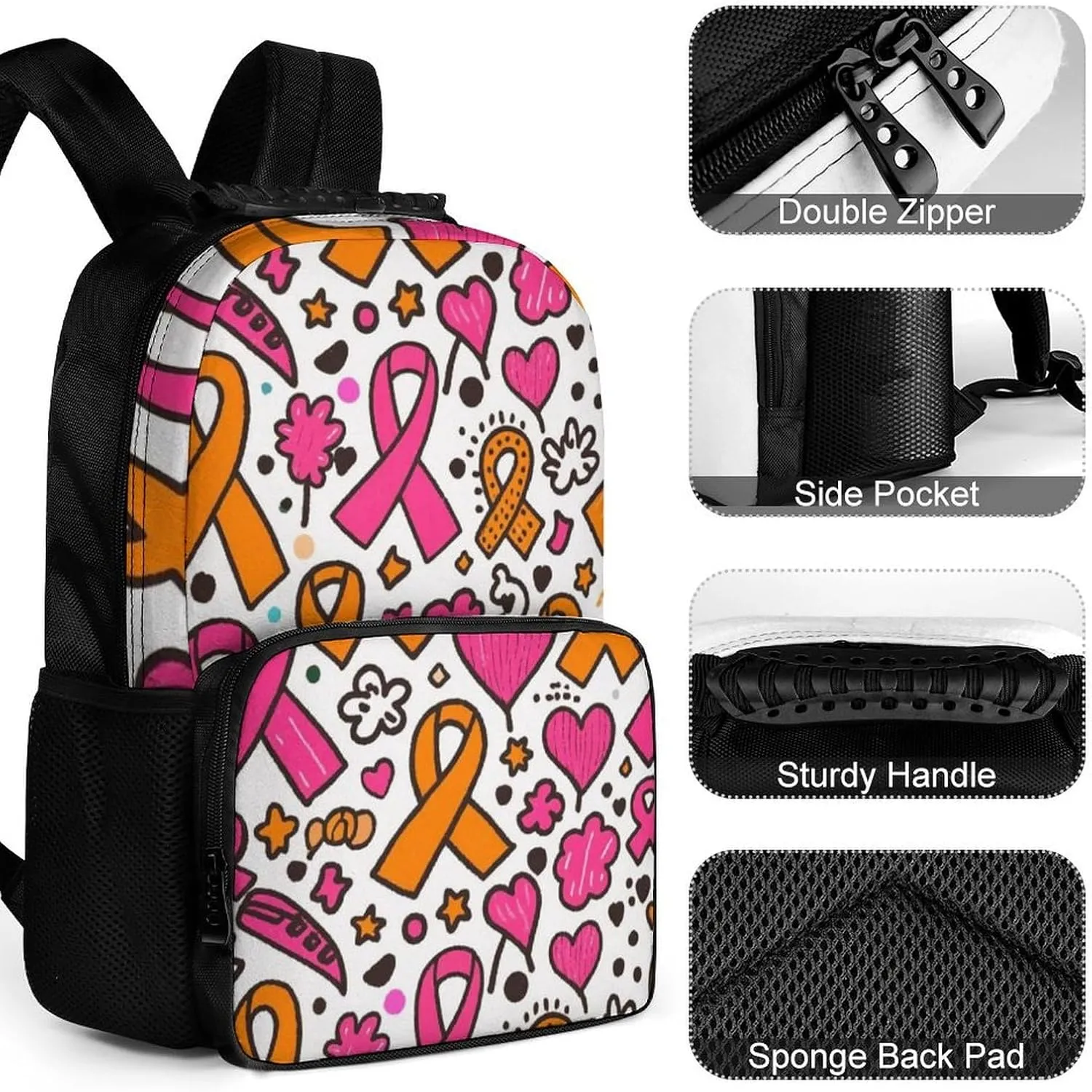 Supdreamc Adults Lightweight Colorful Ribbon Breast Cancer Awareness Art Rucksacks Large Capacity Bookbag With Adjustable Shoulder Straps for Trekking Outdoors Bicycle