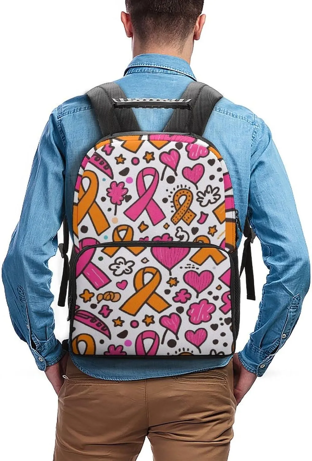 Supdreamc Adults Lightweight Colorful Ribbon Breast Cancer Awareness Art Rucksacks Large Capacity Bookbag With Adjustable Shoulder Straps for Trekking Outdoors Bicycle