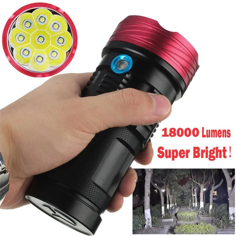 Super Bright 3Modes 18000LM 9xT6 LED Torch Flashlight Waterproof Zoom Flashlight Bicycle Light Use 4 x 18650 Battery 40OT16
