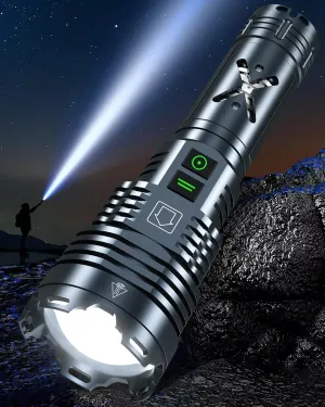 Super Bright 4500.00 High Lumens Flashlights Rechargeable, Powerful LED Flashlight 6 Mode, Zoomable Tactical Flashlights 5000mAh Long Life Battery, Anti-drop Wear-resistant for Home Emergency Camping