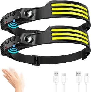 Super Bright LED Head Lamp, Inductive Strong Light Rechargeable Headlamp for Flashlight, Adjustable 3 Light and 5 Modes waterproof headlight, Cycling, Outdoor Night Running, Fishing 2 Packages