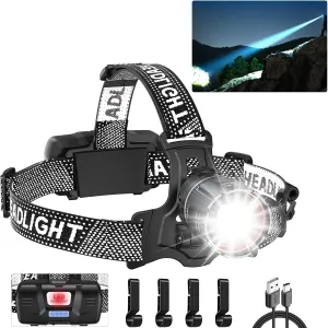 Super Bright LED Headlamp, High Lumen Rechargeable Head Lamp with Motion Sensor, 5 Modes, IPX5 Waterproof, 90° Adjustable, Zoomable Head Lights for Adults, Hard Hat, Outdoor, Camping