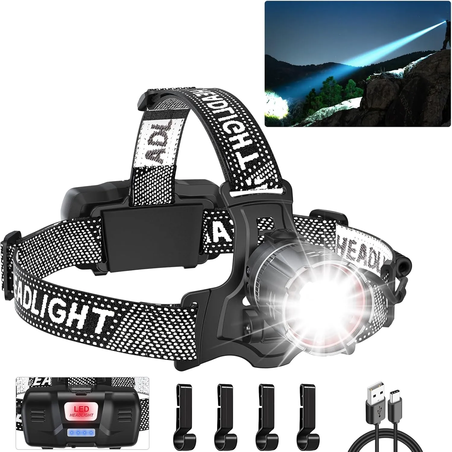 Super Bright LED Headlamp, High Lumen Rechargeable Head Lamp with Motion Sensor, 5 Modes, IPX5 Waterproof, 90° Adjustable, Zoomable Head Lights for Adults, Hard Hat, Outdoor, Camping