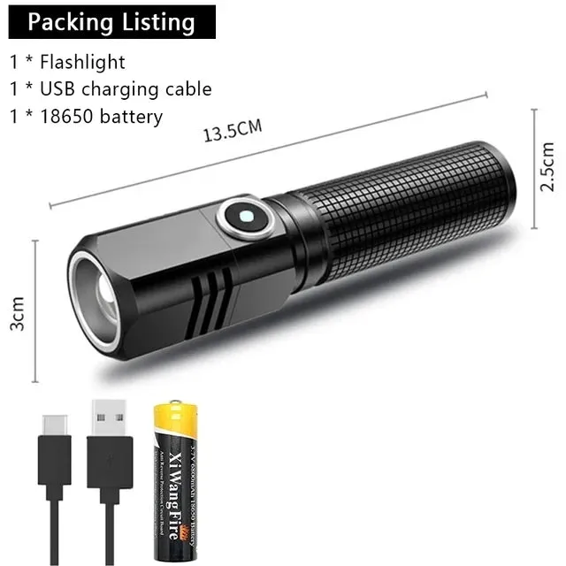 Super Bright Mini LED Flashlight USB Rechargeable with Zoom and 3 Lighting Modes, Tactical Torch for Outdoor Camping and Fishing