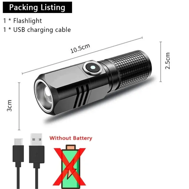 Super Bright Mini LED Flashlight USB Rechargeable with Zoom and 3 Lighting Modes, Tactical Torch for Outdoor Camping and Fishing