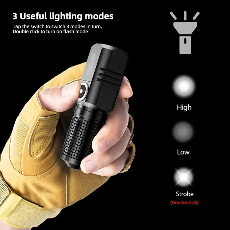 Super Bright Mini LED Flashlight USB Rechargeable with Zoom and 3 Lighting Modes, Tactical Torch for Outdoor Camping and Fishing