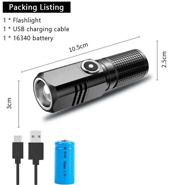 Super Bright Mini LED Flashlight USB Rechargeable with Zoom and 3 Lighting Modes, Tactical Torch for Outdoor Camping and Fishing
