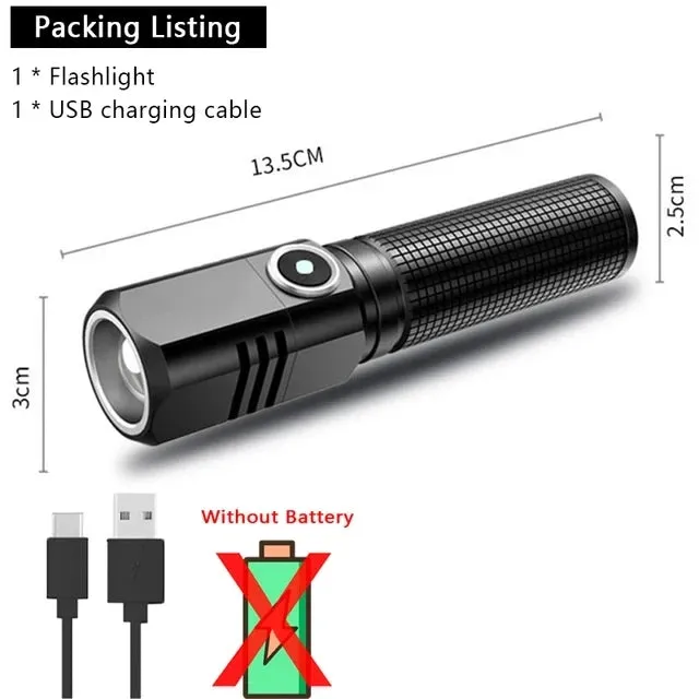 Super Bright Mini LED Flashlight USB Rechargeable with Zoom and 3 Lighting Modes, Tactical Torch for Outdoor Camping and Fishing