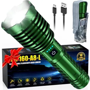 Super Bright Rechargeable LED Flashlights 2500.000 High Lumen, Flashlight Up to 25H Long Battery Life| Zoomable| 5Light Modes| IP67 Water Resistant, Tactical Flashlight for Camping (Green)