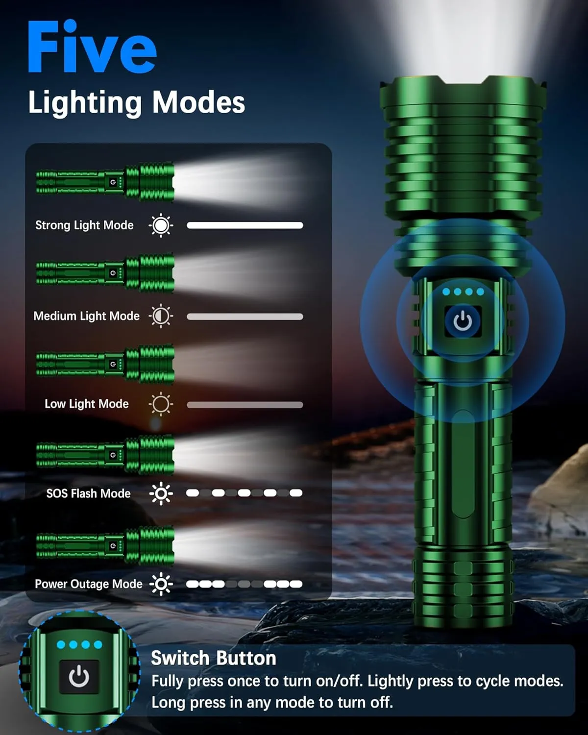 Super Bright Rechargeable LED Flashlights 2500.000 High Lumen, Flashlight Up to 25H Long Battery Life| Zoomable| 5Light Modes| IP67 Water Resistant, Tactical Flashlight for Camping (Green)