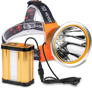 Superbright Bright Portable Rechargeable Headlight Powerful LED Headlamp Flashlight with 3 Light Modes External Battery Pack for Camping Biking Hunting Fishing (Yellow Light)