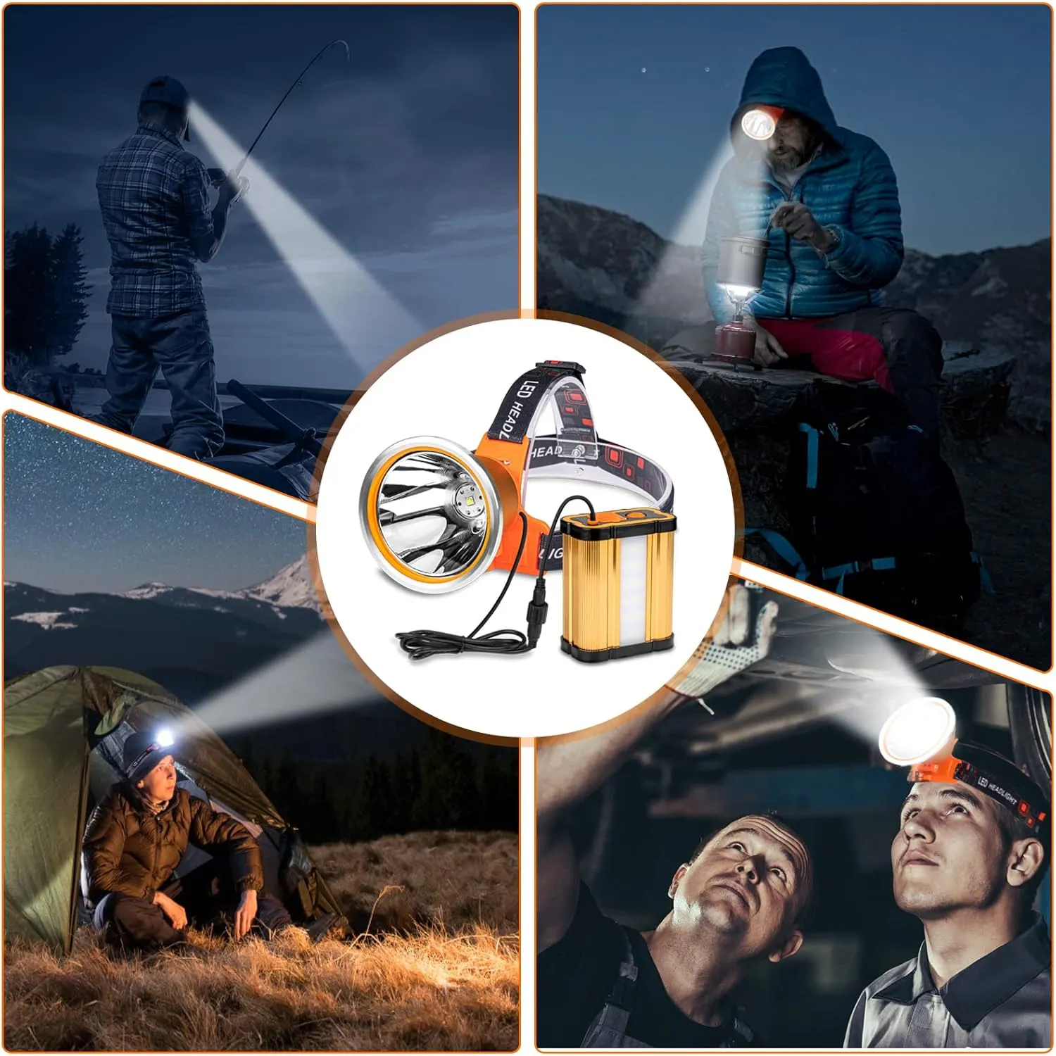 Superbright Bright Portable Rechargeable Headlight Powerful LED Headlamp Flashlight with 3 Light Modes External Battery Pack for Camping Biking Hunting Fishing (Yellow Light)
