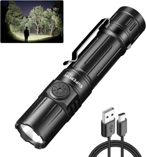 SuperFire Flashlights High Lumens Rechargeable, 2000 Lumens Super Bright Flashlight with Clip, 6 Modes, IP 44 Waterproof Powerful Flashlight for Home, Camping, Hiking, Emergency, Power Outage(TN02)