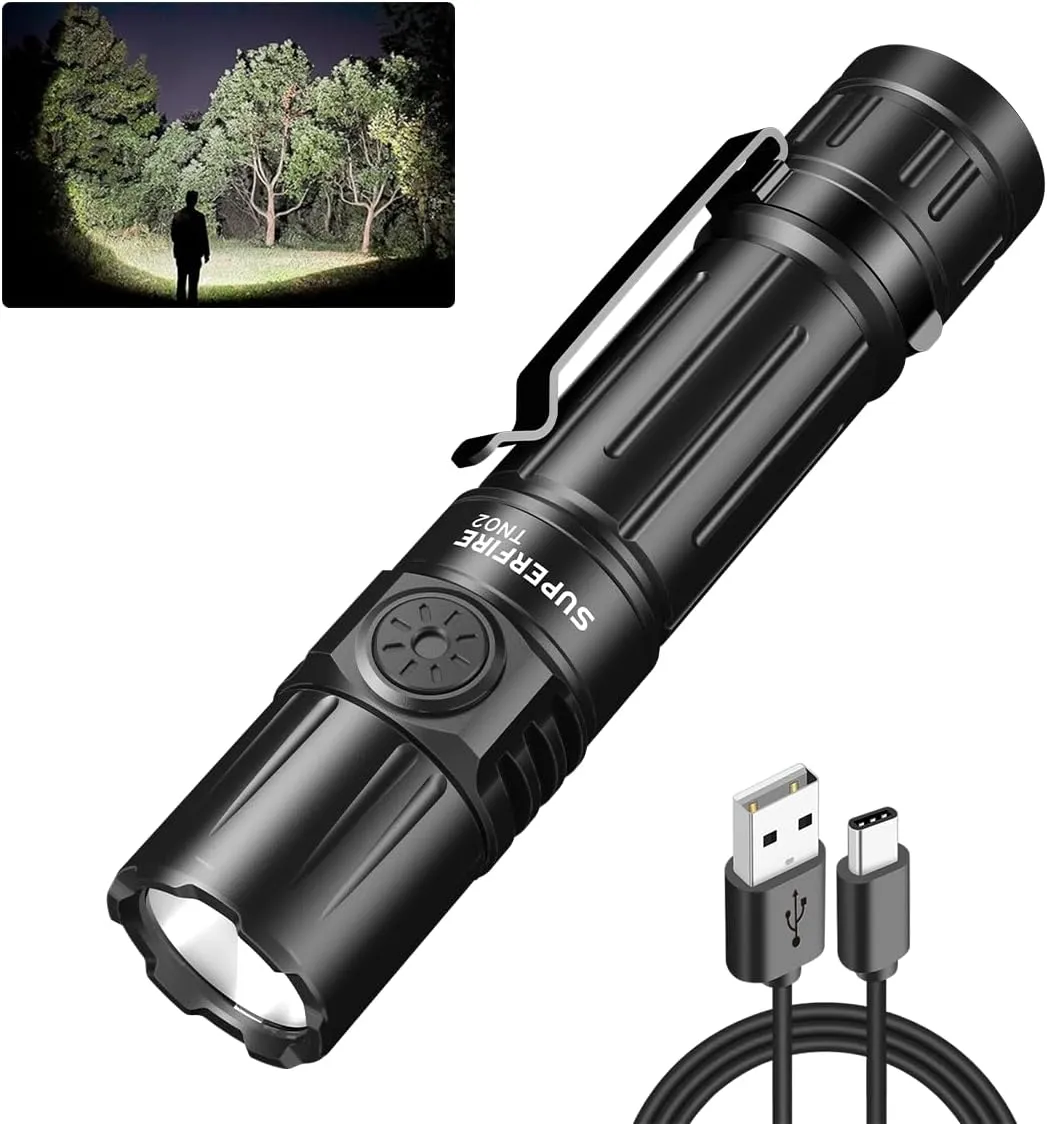 SuperFire Flashlights High Lumens Rechargeable, 2000 Lumens Super Bright Flashlight with Clip, 6 Modes, IP 44 Waterproof Powerful Flashlight for Home, Camping, Hiking, Emergency, Power Outage(TN02)