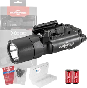 SureFire X300T-A Turbo Black Weapon Light High Output LED Bundle (650 Lumens) - Two 123A Batteries and Battery Box - X300 Turbo Light A Pistol Light for Defense, Easy Switch Mount System
