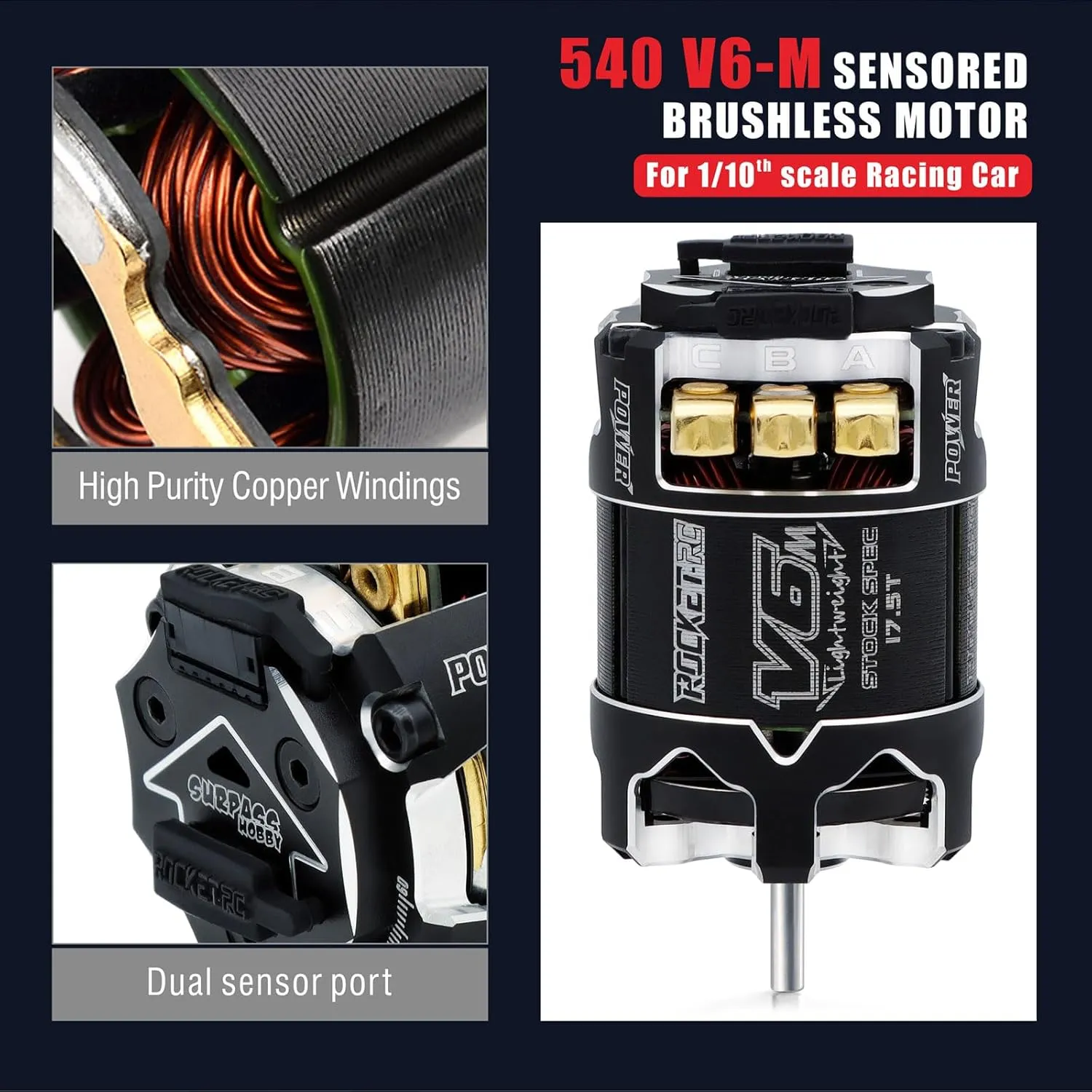 Surpass Hobby Rocket 540-V6M Sensored 17.5T Brushless Motor Light-Weight SPEC Motor for 1/10 Scale RC Racing Car (Shaft 3.175, 17.5T KV)