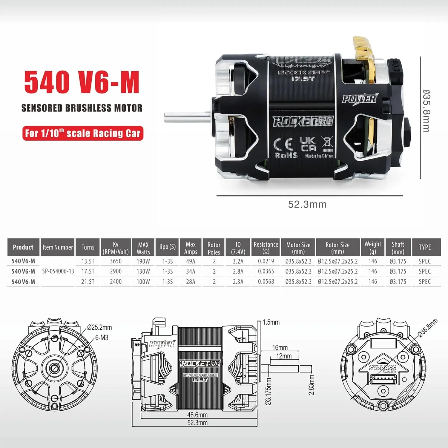 Surpass Hobby Rocket 540-V6M Sensored 17.5T Brushless Motor Light-Weight SPEC Motor for 1/10 Scale RC Racing Car (Shaft 3.175, 17.5T KV)