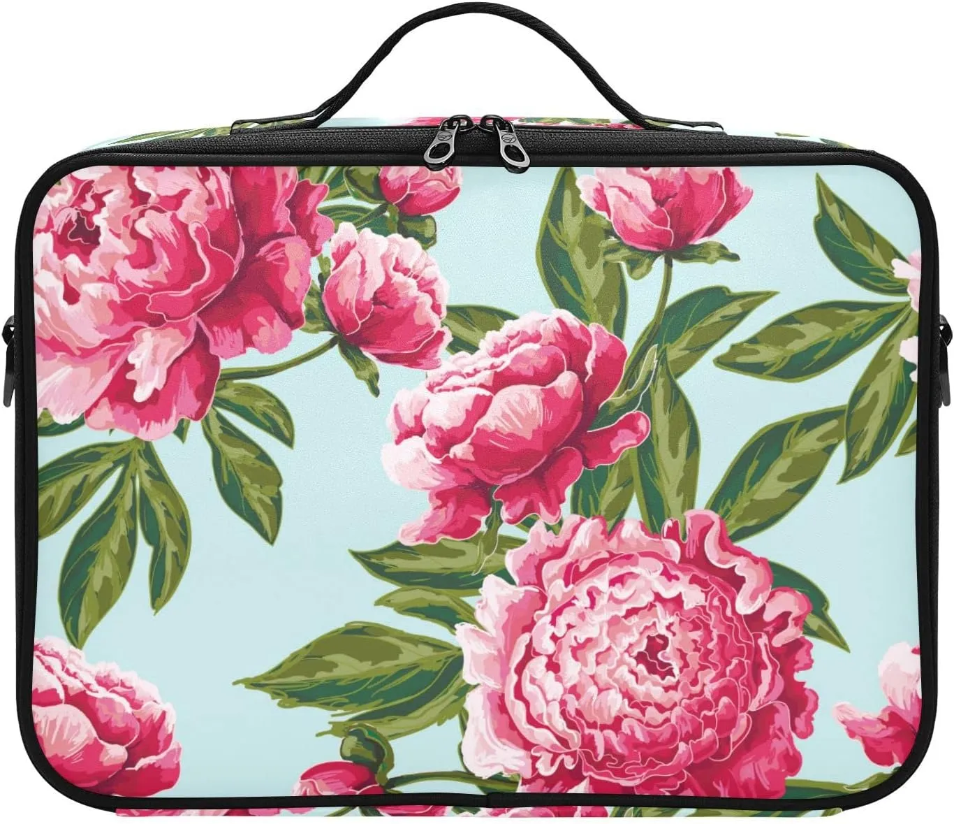 susiyo Professional Makeup Bag Large Capacity Portable Artist Storage Bag Multiple Adjustable Organizer Cosmetic Case for Travel Women Ladies Girls, Bright Pink Peony