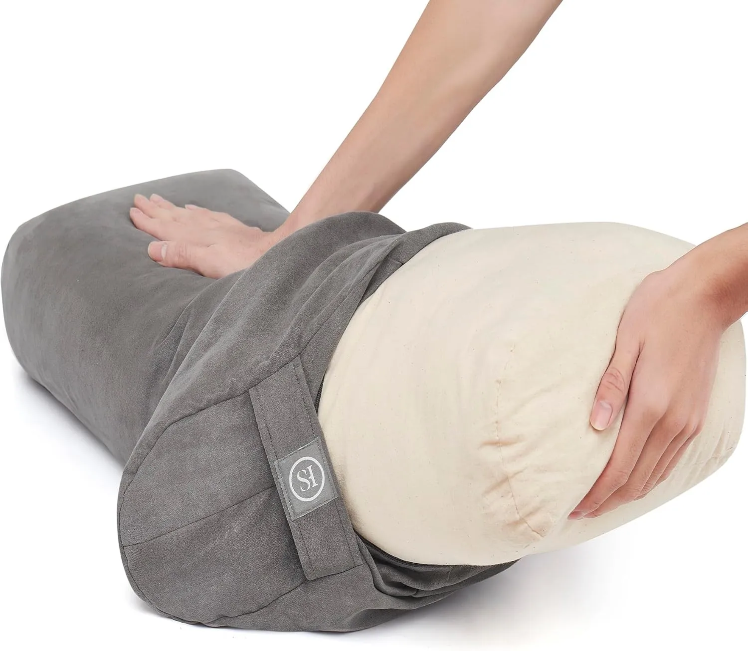 Sweet Home Collection Bolster Pillow for Restorative Supportive Cushion for Meditation Yoga, Pilates, and Relaxation Buckwheat Hulls-Removable Cover, Rectangular (Filled with 100% Cotton), Gray